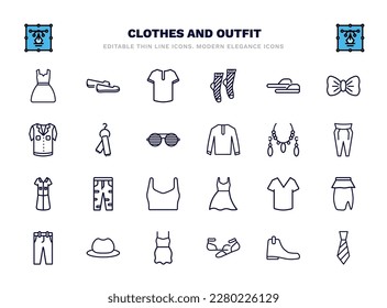 set of clothes and outfit thin line icons. clothes and outfit outline icons such as drees, henley shirt, sleepers, scarf on hanger, jewelry, boyfriend low jean, v neck shirt, men hat, ballets flats,