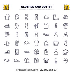 set of clothes and outfit thin line icons. clothes and outfit outline icons such as cotton polo shirt, pegged pants, men hat, tie, off the shoulder dress, women socks, jersey wrap dress, collarless