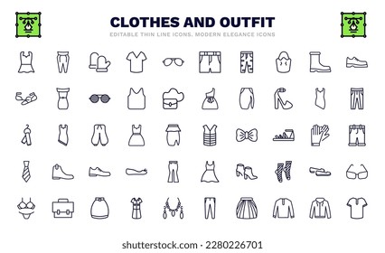 set of clothes and outfit thin line icons. clothes and outfit outline icons such as peplum top, wool gloves, boyfriend low jean, ballets flats, scarf on hanger, padded vest, tie, lingerine, henley