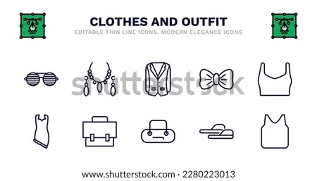 set of clothes and outfit thin line icons. clothes and outfit outline icons such as jewelry, oxford wave blazer, bow tie, draped top, jersey wrap dress, jersey wrap dress, messenger bag, barrel