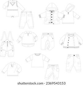 Set of  clothes - overall dresses, pants, jeans, coats, shorts, tops technical fashion illustration with full knee mini length. Flat front, back grey color style. Kids and , baby unisex CAD mockup