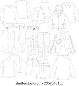 Set de ropa - en general vestidos, pantalones, jeans, abrigos, pantalones cortos, top ilustración de moda técnica con minilongitud de rodilla completa. Delantera plana, de color gris oscuro. Mockup CAD para niños y niños , baby unisex