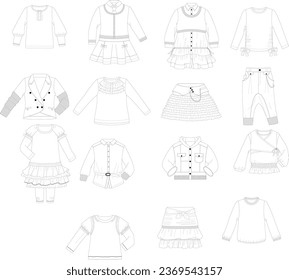 Set of  clothes - overall dresses, pants, jeans, coats, shorts, tops technical fashion illustration with full knee mini length. Flat front, back grey color style. Kids and , baby unisex CAD mockup