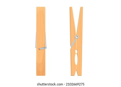 Set clothes peg wooden household object in cartoon style isolated on white background. Modern clothes pin vector icon. 