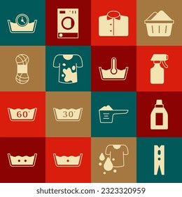 Set Clothes pin, Bottle for cleaning agent, Water spray bottle, T-shirt, Dirty t-shirt, Yarn, Time wash and Temperature icon. Vector