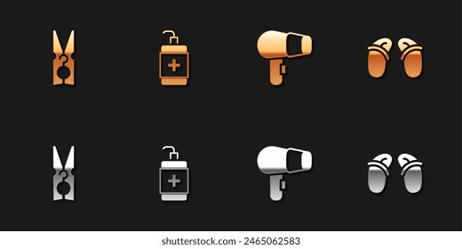 Set Clothes pin, Hand sanitizer bottle, Hair dryer and Flip flops icon. Vector