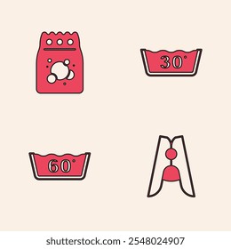 Set Clothes pin, Laundry detergent, Temperature wash and  icon. Vector