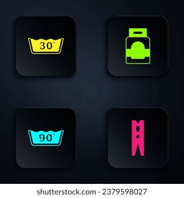 Set Clothes pin, Temperature wash,  and Laundry detergent. Black square button. Vector