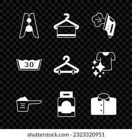 Set Clothes pin, Towel on hanger, Electric iron, Washing powder, Laundry detergent, T-shirt, Temperature wash and Hanger wardrobe icon. Vector