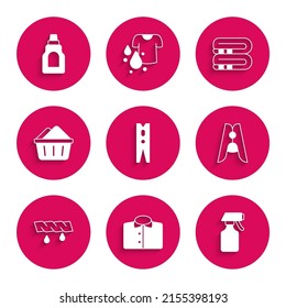 Set Clothes pin, T-shirt, Water spray bottle, Squeeze clothes, Basin with soap suds, Towel stack and Bottle for cleaning agent icon. Vector