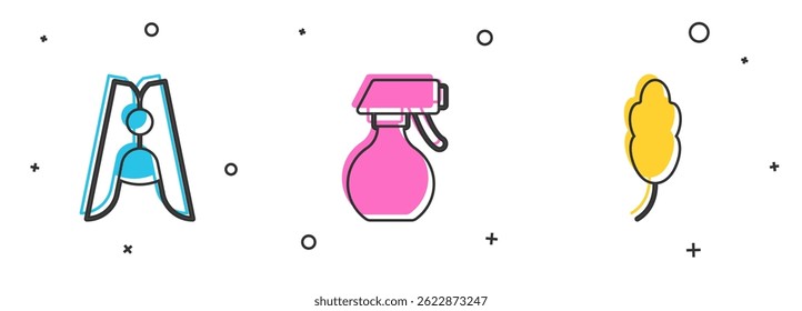 Set Clothes pin, Water spray bottle and Feather icon. Vector