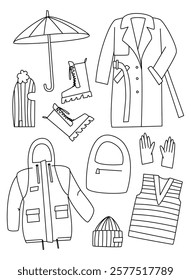 Set of clothes with a raincoat and an umbrella. Items of clothing, shoes and accessories. Flat vector illustration line drawing, eps10