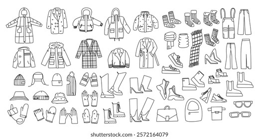 Set of clothes, shoes and accessories. Line drawing, flat vector illustration, eps10