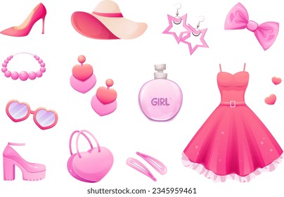 Set of clothes, shoes and accessories in trendy pink color. Items for pink doll, girl, princess. Vector illustration in cartoon style, garish vector