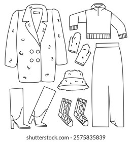 Set of clothes and shoes. Fur coat, hat and mittens made of fur. High heel boots, sweater and skirt. Fashionable stylish bow. Flat line vector illustration, eps10