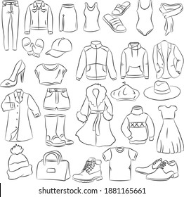 
Set of clothes, shoes and hats. Jacket, fur coat, sweatshirt, boots, hat, swimsuit, dress, cap, scarf, coat, jeans, shorts and top