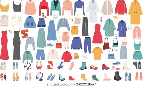 set of clothes and shoes, jewelry in flat style vector