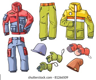 Set of the clothes for a skiing or a snowboarding - the pants, jackets, caps and gloves.