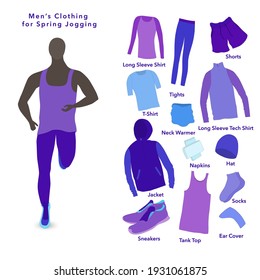 Set of Clothes for a Spring Jogging for men. Jogging man in the sport outwear running. Flat vector design.