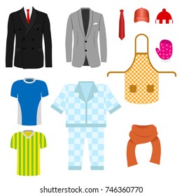 A set of clothes. Suit, pajamas, kitchen apron, scarf, tie. Flat design, vector illustration, vector.