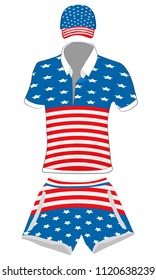 set of clothes in the summer tourism style: a cap, a polo shirt and shorts in the style of the United States flag