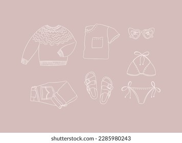 Set of clothes sweater, t-shirt, glasses, swimsuit, jeans, pants, slippers, sandals for women modern travel look in hand drawing style on peach background.