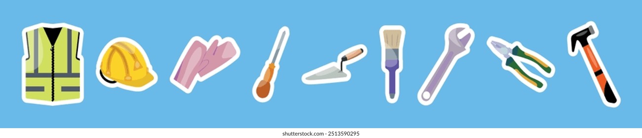 Set of clothes and tools of a worker, working person's special things sticker pack or icons 