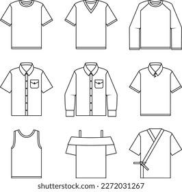 Set of clothes tops, vector illustration. Shirt, t-shirt, blouse