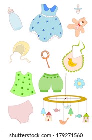 set of clothes and toys for baby