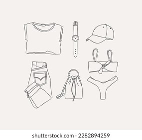 Set Kleidung T-Shirt, Armbanduhr, Baseballkappe, Hose, Jeans, Tasche, Badeanzug für Frauen Urlaub in Handschrift Stil auf hellem Hintergrund.