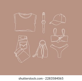 Set of clothes T-shirt, watch, baseball cap, pants, jeans, bag, swimsuit for women vacation look in hand drawing style on brown background.