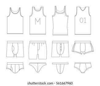 Set of clothes. Underwear for men: boxer, shorts. Different types of male briefs and shirt. Vector illustrations in thin line style.