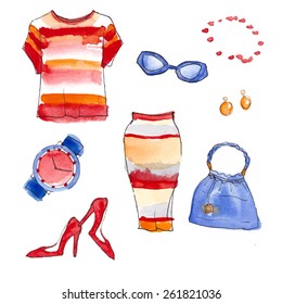 set of clothes, watercolor handmade , vector illustration