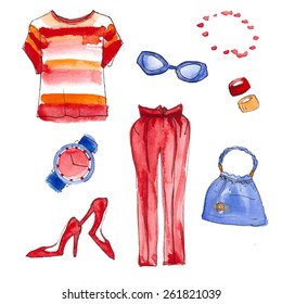 set of clothes, watercolor handmade, vector illustration