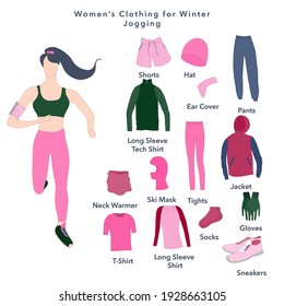 Set of Clothes for a Winter Jogging for women. Jogging women in the sport outwear running. Flat vector design.