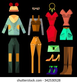 Set of clothes for woman on black background. Clothing store in flat style - vector illustration. Jacket, pants, jeans, dresses, shorts, sneakers, boots, jewelry, sweater.