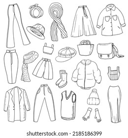 Set of clothes for woman. Winter things collection. Scarf, mom jeans, winter jacket, coat, pencil skirt, vest, culottes, oversized shirt, shorts, flared trousers, hat, gloves, purse bag, messenger bag