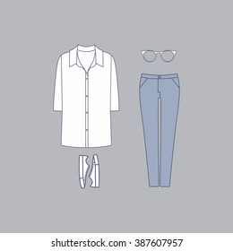 
Set of clothes for women. Jeans. Shirt. Sneakers . Sunglasses.