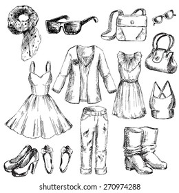 Set of clothes for women. Pen sketch converted to vectors.