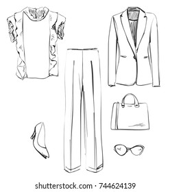 Set of clothes for women. Shirt, jacket, pants, handbag, shoes and glasses sketch.