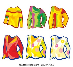 Set clothes for women. Vector flat illustration. For label washing powder colored fabrics