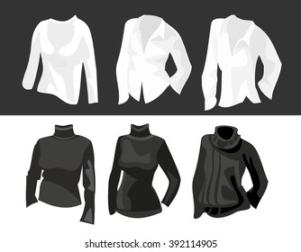 Set clothes for women. Vector flat illustration. For label washing powder white and black fabrics