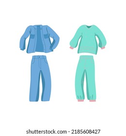 Set of clothes. Women's and men's things. Pants, suit, jeans, sweater. Sportswear for walking. Vector illustration with isolated background.