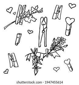A set of clothespins for the laundry.Doodle style. Sketch. Vector set of icons for web design isolated on white background. Suitable for advertisements, magazines, websites, print design.
