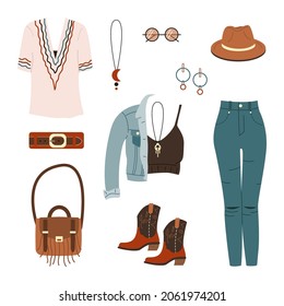 Juego de ropa y accesorios de estilo bohemio. Ropa de boho. Jeans y chaqueta, camiseta, top, sombrero, botas de moda, bolso, gafas y joyas. Ilustración vectorial plana aislada en fondo blanco