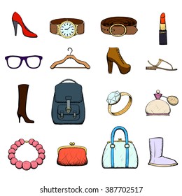 Set of clothing and accessories. Doodle image. Stock vector illustration.