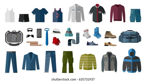 Set of men’s clothing and accessories. Fashion and style elements. Flat design vector illustration.
