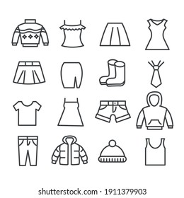 Set of clothing and accessories in simple minimal icon for different seasons collection. Modern outline on white background