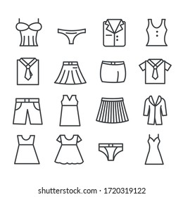 Set of clothing and fashion. Mens or womens apparel icon isolated. Modern outline on white background