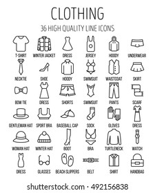 Set of clothing icons in modern thin line style. High quality black outline shirt and dress symbols for web site design and mobile apps. Simple linear accessories pictograms on a white background.